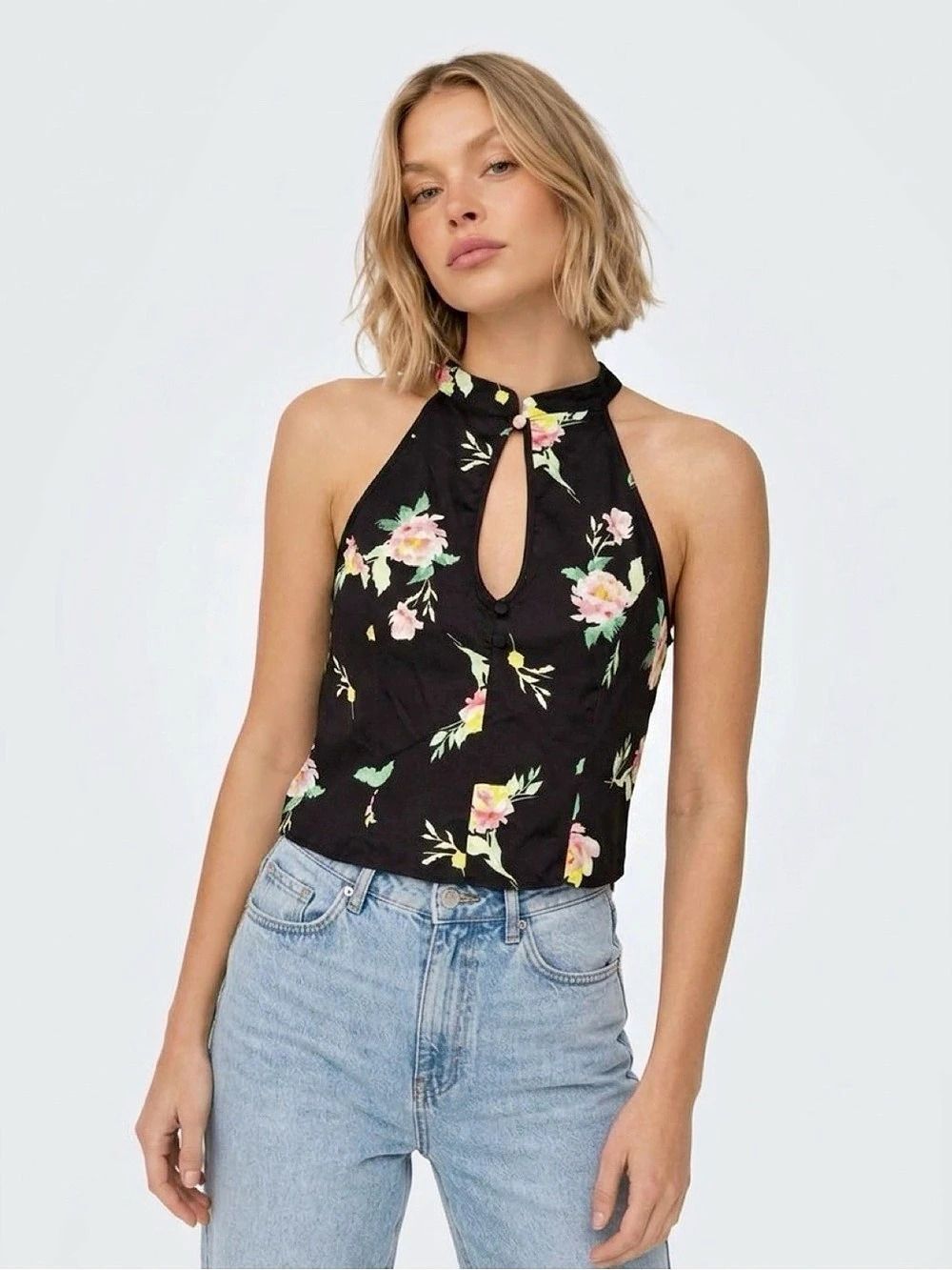 ASOS Floral Halter Blouse in Black & Pink